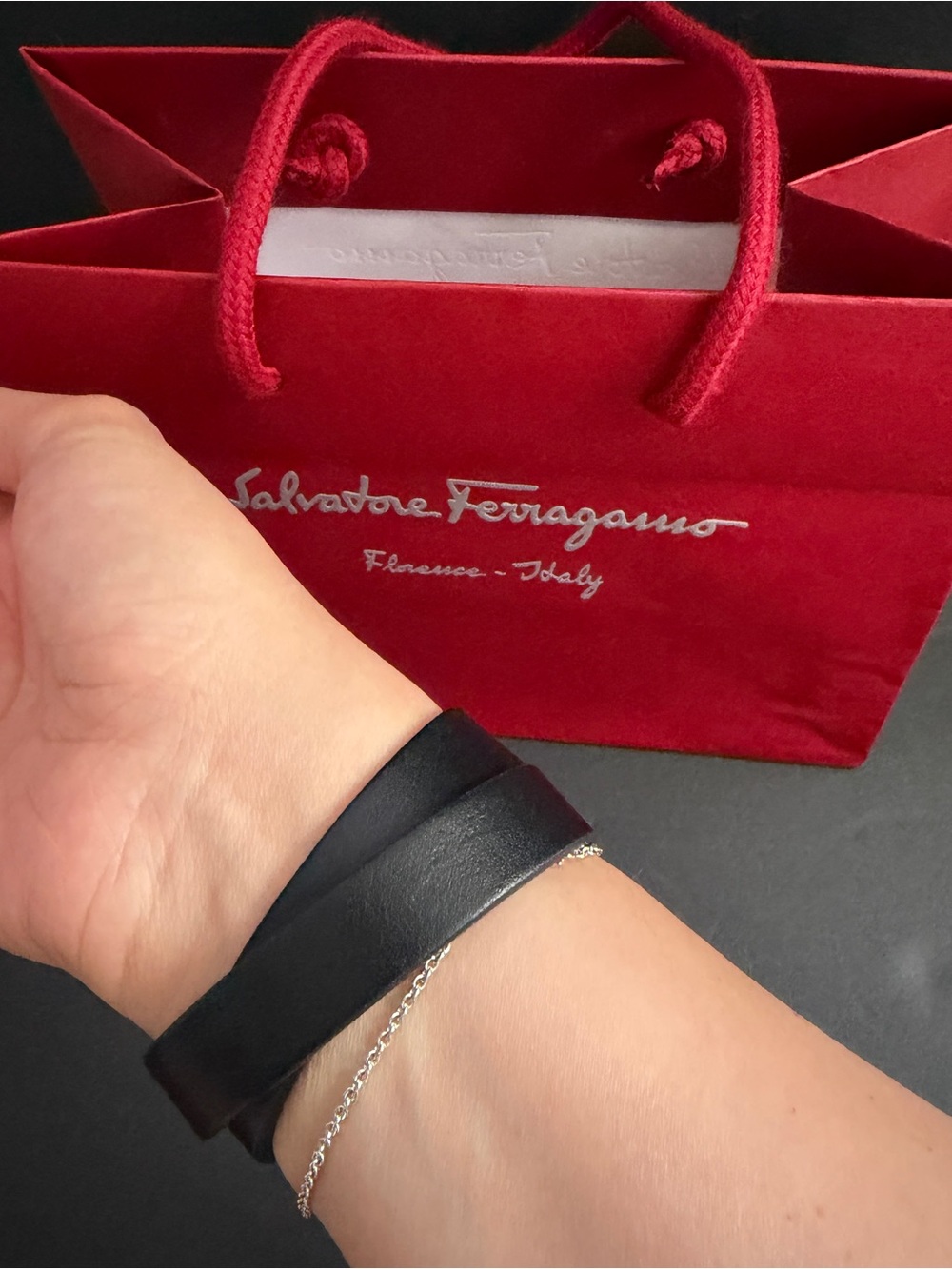 Salvatore Ferragamo Black Leather Double Wrap Bracelet with Gold Logo Clasp - Picture 7 of 7